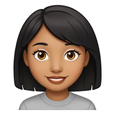 light brown skin girl with small lips, black layered hair, doe eyes, smiling sticker