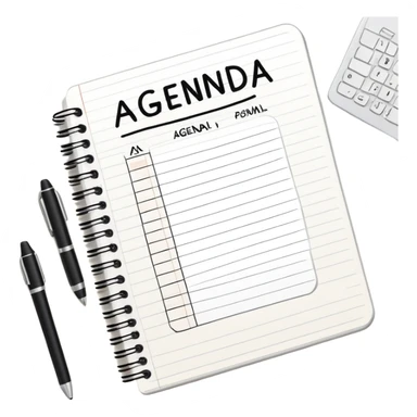 A notebook with 'AGENDA' written on top and meeting items listed below with bullet points sticker