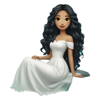 Pretty young Lady doll posing posed pose with long black hair flowers in hair white dress surrounded by flowing water sticker