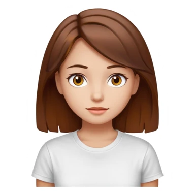 A Girl with Brown hair and Brown eyes with a t-shirt White. The t-shirt have un  sticker