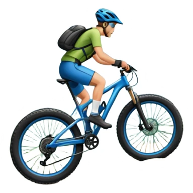 An icon featuring a mountain bike with wide tires, positioned on a forest trail or rocky mountain road. The background shows dense trees, steep slopes, and distant peaks under a clear blue sky. Transparent background highlights the thrill and rugged beauty of mountain biking. sticker
