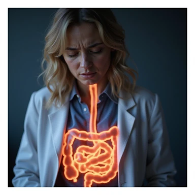 close-up hyperrealistic 4K image of a woman with autoimmune disease, expression of pain, transparent anatomical illustration showing inflamed intestine, medical environment sticker