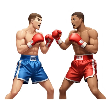 Two professional boxers in the ring fighting for the world championship title. One delivers a powerful straight punch to the head, while the other skillfully dodges. The background shows a brightly lit boxing arena with a roaring crowd. Transparent background sticker