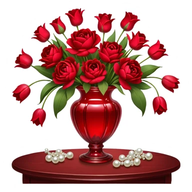"A romantic still life of a crystal-clear red glass vase brimming with a lavish mix of scarlet roses, tulips, peonies, and silk-like pansies, with pearl-hued ribbons cascading gracefully over a vintage wooden table."
 sticker