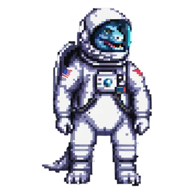 pixel art t-rex astronaut with a space helmet sticker
