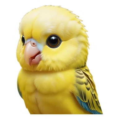 Cinematic Cute Yellow Budgie Portrait Emoji, Head tilted playfully and inquisitively, featuring a radiant yellow feathered fur with a natural sheen, round, sparkling dark eyes filled with curiosity, Simplified yet irresistibly adorable features, highly detailed, glowing with a warm, friendly glow, high shine, affectionate and lively, stylized with a touch of whimsy, bright and endearing, soft glowing outline, capturing the essence of a mischievous yet loving budgie, so playful it feels like it could chirp out of the screen and into your arms! sticker