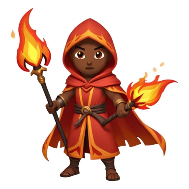 Clash of Clans aesthetic: Cinematic Ferocious Fire Mage Hero closeup Emoji, rendered in a 3D vector-style similar to standard emojis with minimal shading and bold, simplified shapes. A compact, isometric figure draped in flowing, charred and ember-lined robes, wielding a fiery staff crackling with intense flames. Eyes burning with an infernal glow, exuding raw, untamed power. Simplified yet unmistakably iconic, highly detailed and consistent, glowing with a fiery, molten radiance and high shine. Stylized with a touch of menacing sorcery and a searing, ember-infused outline, capturing the essence of a wrathful mage ready to unleash devastating fire magic! sticker