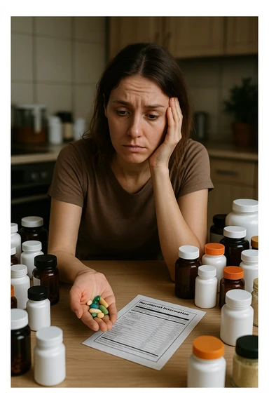 a woman in her 30s sits at her kitchen table, surrounded by dozens of supplement bottles, powders, and pills. She looks anxious and fatigued, with her head resting in one hand while the other holds a handful of colorful capsules. On the table, a nutrition chart is ignored, and her skin appears slightly dull or stressed. The mood is cautionary and educational. in italiano sticker