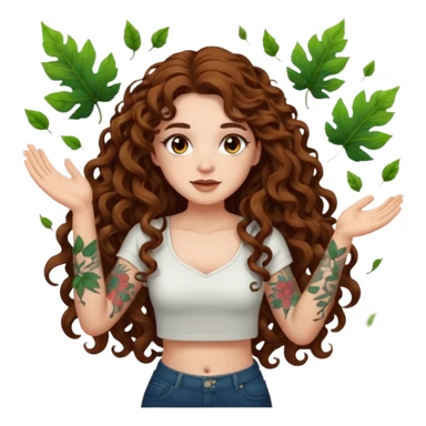 full body view of a woman with long curly brown hair, brown eyes, white skin, tattoos, slow sarcastic clap, glowing leaves falling sticker
