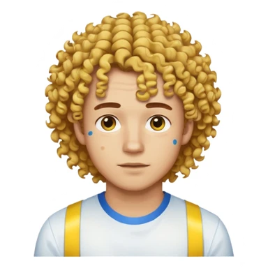 Make me an emoji that has a guy with a white shirt and yellow tape around the shirt with brown and blue spots hair make the hair curly make the yellow tape go around it sticker
