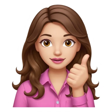 girl with long wavy brown hair, brown eyes, light to medium complexion, in a pink shirt, pink lips, long lashes, thumbs up sticker