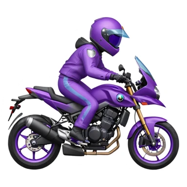 Créer un emoji avec une moto mt07 sport noir mate / violet iridescent très foncé, pare-brise de la moto violet. Avec une pilote dessus, visage complet caché  par la visière violette . Avec en arrière plan cercle violet. sticker