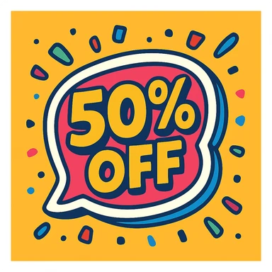 playful '50% OFF' sticker with confetti and bright colors, fun and energetic look sticker
