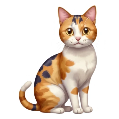 full body anxious looking colourful patchy calico tabby cat with tiny head to large body with fully white front legs sticker