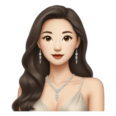 beautiful brunette Korean girl with smooth skin long hair beige lipstick wearing low neck dress with a diamond necklace sticker