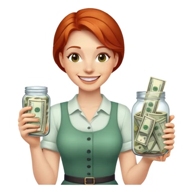 redhead woman with big smile holding glass jar with money bills inside sticker