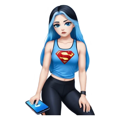 Shameful disappointed crying-very very very very big chest-texting on a samsung cell phone-very long straight flowing black to sky blue hair ombre-blue eyes-black eyeliner-long eyelashes-plastic sparkling sky blue very low cut tank top with sparkling superman logo-black leggings-nike sneakers sticker