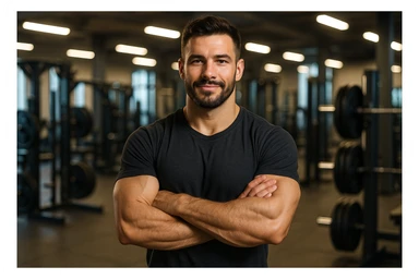 uomo sicuro di sè a braccia conserte, ben allenato e sereno, sullo sfondo una palestra sticker