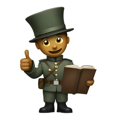soldier with top hat holding an book with an thumbs up sticker