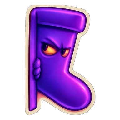 A neon-purple sock with a lurking face, peeking from behind a corner, representing lurking or sneaking. sticker