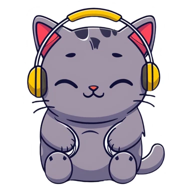 tired sad cat with a gun and headphones, cartoon sticker sticker