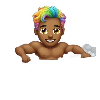Posh-muscle-boy-with-pearl-necklace-and-rainbow-unicorn-hair-in-golden-bathtub sticker