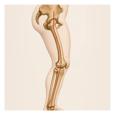 Hyperrealistic anatomical illustration 4K, rear view, 1:1 proportion, varus knee seen from the side, pelvis bones, femur, tibia, and fibula clearly highlighted, red mechanical axis line, realistic details, medical style, neutral background. sticker