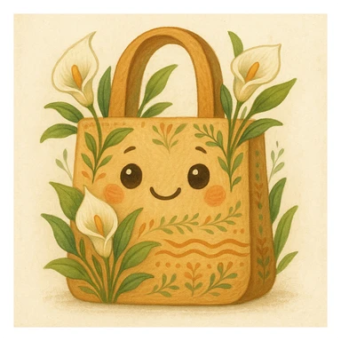 mascota para proyecto productivo bolso artesanal decorado con lirios de agua, ojos grandes y sonrisa, estilo amigable y representativo de emprendimiento artesanal sticker