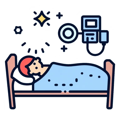 Sleep laboratory icon with bed, brain wave monitor, and sleep measurement equipment sticker