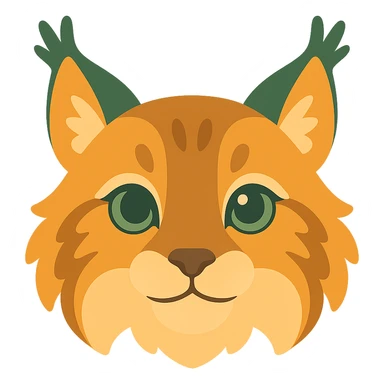 A cute and soft lynx face with big, expressive eyes, designed in a warm and magical color palette: golden orange (FA9B41), forest green (4A7C5C), muted taupe brown (96775A), and pastel peach (FFCC9A). The lynx’s fur is fluffy and soft, with a mix of warm browns and golden highlights. Its ears are tipped with tufts of fur in greenish tones, and its cheeks are gently rounded with subtle peach accents. The eyes are bright and curious, surrounded by soft fur in the warm color palette. The overall look is adorable, serene, and enchanting, evoking a gentle, woodland atmosphere. sticker