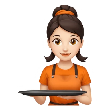 Create an iOS-emoji-style illustration of a cheerful female barista with bright fair skin and dark hair tied back. She wears an orange barista T-shirt and holds a brown serving tray. Style should be soft, rounded, and minimal like Apple emoji. sticker