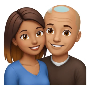 smiling brown girl with two-tone hair kissing brown bald man sticker
