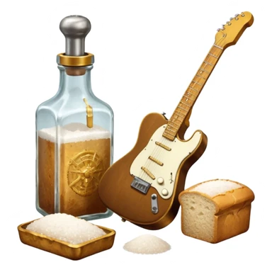 solarpunk ultra HD steampunk victorian - a bottle of salt (salt shaker) and a loaf of peasant bread with a small electric telecaster guitar - still life composition sticker