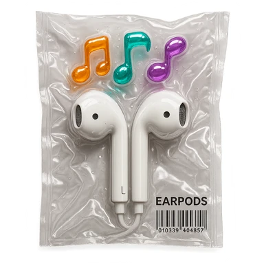 pair of white EarPods with three colorful transparent music notes in orange, teal, and violet arranged above, shiny and puffy sticker