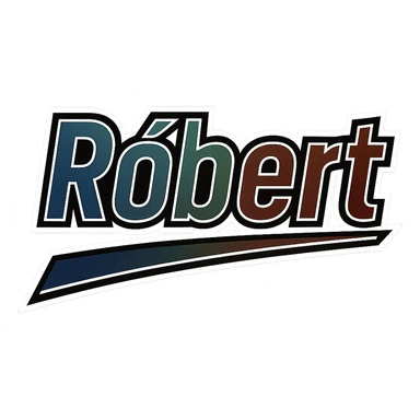 Text image of the name 'Róbert' in a masculine, modern, gradient font with precise Hungarian characters, dark contour, extra thick, prominent white border as in sample images, dynamic slanted underline, masculine color shades (blue, gray, burgundy, green, brown), 1000x1000 px, PNG, transparent background. sticker