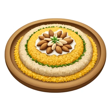 "Emoji of a Jordanian Mansaf dish — round platter with golden rice, lamb pieces, nuts on top, simple cute cartoon style, clean lines, white or transparent background." sticker