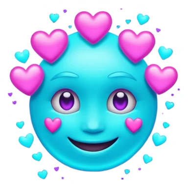 futuristic glowing emoji face smiling with floating neon hearts, purple and cyan holographic light, dark background sticker