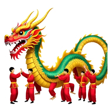 Cinematic Realistic scene of a traditional Chinese Dragon Dance featuring a team of performers skillfully manipulating a colossal, flexible dragon puppet, its intricately detailed, vibrant scales and flowing, embroidered fabric catching the light, set against a festive backdrop of red lanterns and dynamic red-tinged lighting that accentuates the majestic presence of the dragon puppet. sticker