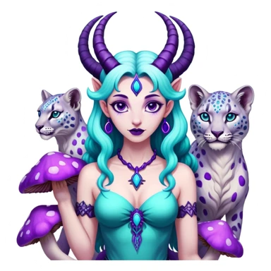 Feminine Scorpio Baphomet standing among trippy purple and teal mushrooms.. she’s petting a snow leopard  sticker