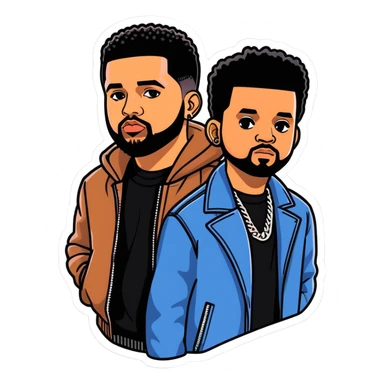 Toronto celebrities and musicians drake and the weeknd, illustration, sticker. must be ultra hyperrealistic, and mirco-detailed, 3D sticker design
 Must be 8k hd, 8000x8000px resolution. Must use very thin transparent smooth lines sticker