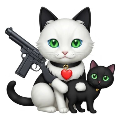 Black cat giving white cat a gun and a heart sticker