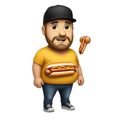 Fat Jewish man in his 30s wearing black trucker hat the image of a hot dog on it sticker