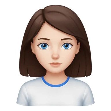Create an emoji of a white Girl with brunette hair blue eyes faint freckles and hair to her shoulders wearing a white shirt sticker