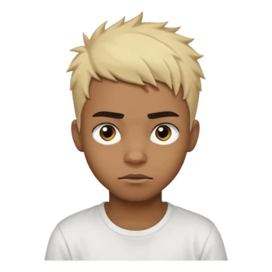 Black Male Teenager with Short punk messy blonde hair, Dark brown bushy eyebrows large expressive golden-brown eyes, wearing a plain white t-shirt, Dark Brown skin color. sticker