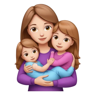 mother with light brown hair hugging two daughters, one 6 months old baby girl and one 5 years old girl, emoji style, simple shapes, bright colors, friendly expression sticker