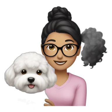 woman-black hair-bun-with glasses-with bichon dog-white-smile sticker