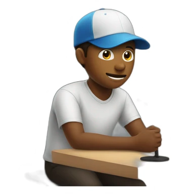 Boy wearing mask and cap sitting on chair with table with mic on table sticker