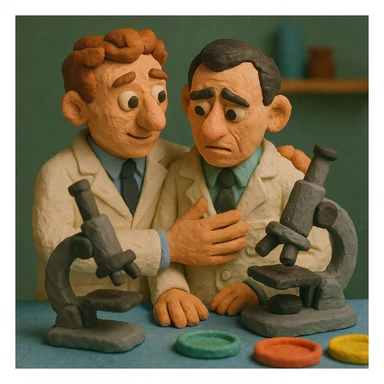 Two caring 1940s male scientists wearing white lab coats over a suite in their science laboratory full of microscopes and petri dishes. sticker
