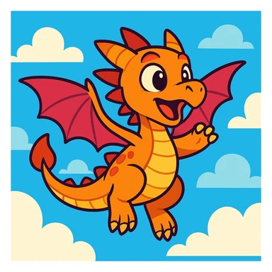 young dragon learning to fly, colorful cartoon style sticker