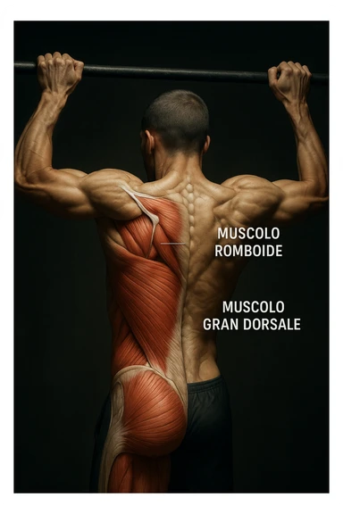 realistic and cinematic anatomical image of a man performing pull-up on a bar, scapular and dorsal muscles incorrectly activated anatomically highlighted, Italian captions, dramatic clinical lighting, aspect ratio 2:3 sticker